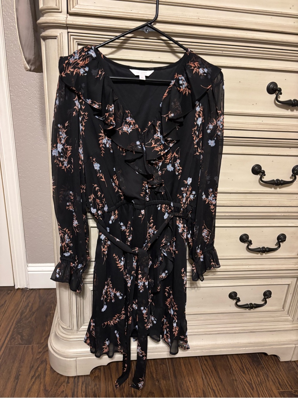 LC Lauren Conrad Black Floral Ruffle Wrap Dress with Blue & Brown Accents